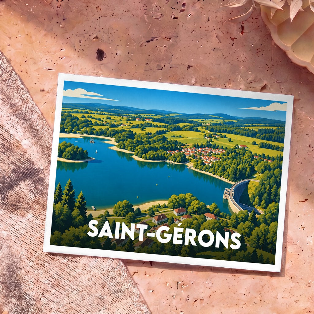 Carte postale souvenir de la ville de Saint-Gérons avec une illustration stylisée d'un lac et d'un barrage.