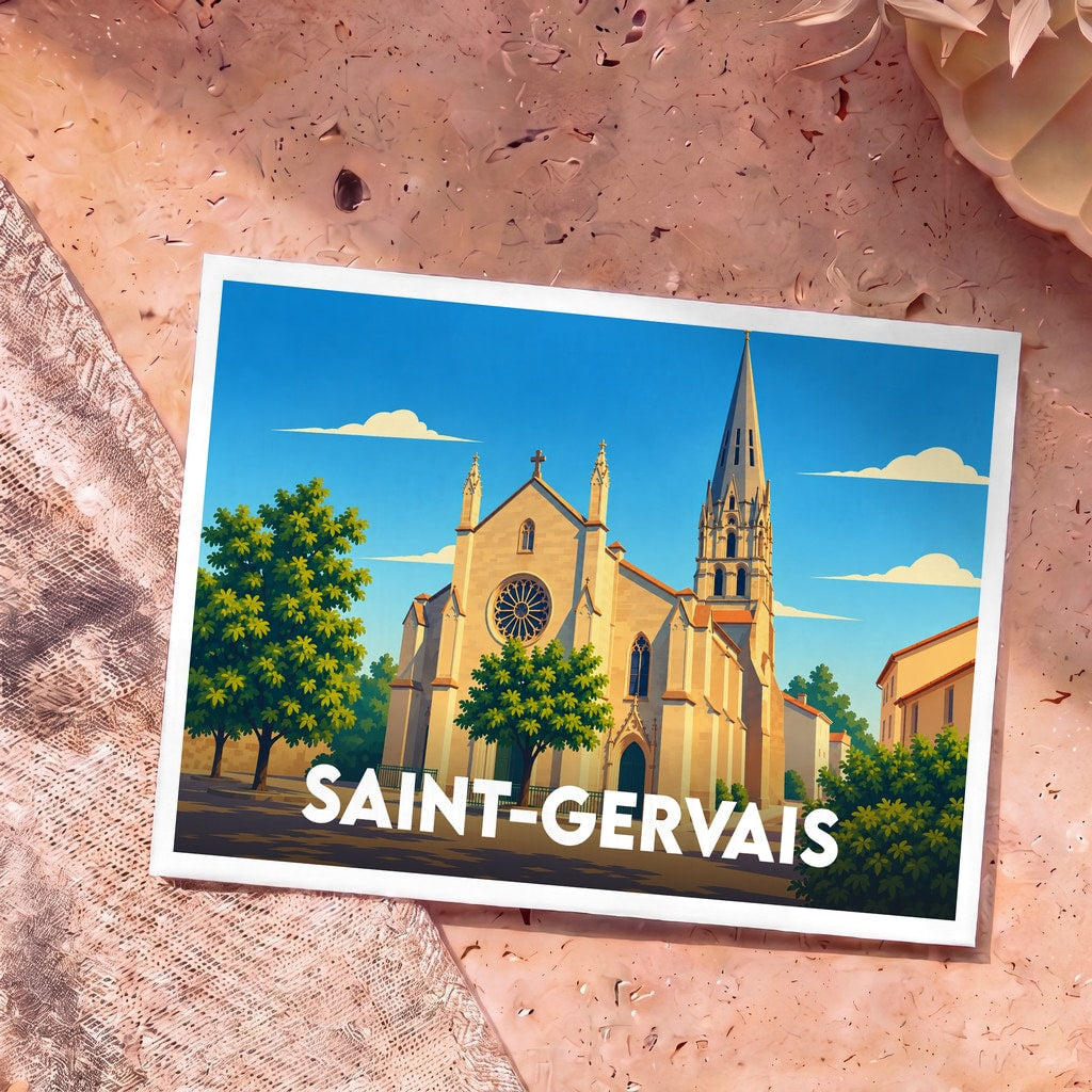 Carte postale souvenir de la ville de Saint-Gervais avec une illustration stylisée de son église sous un ciel bleu.