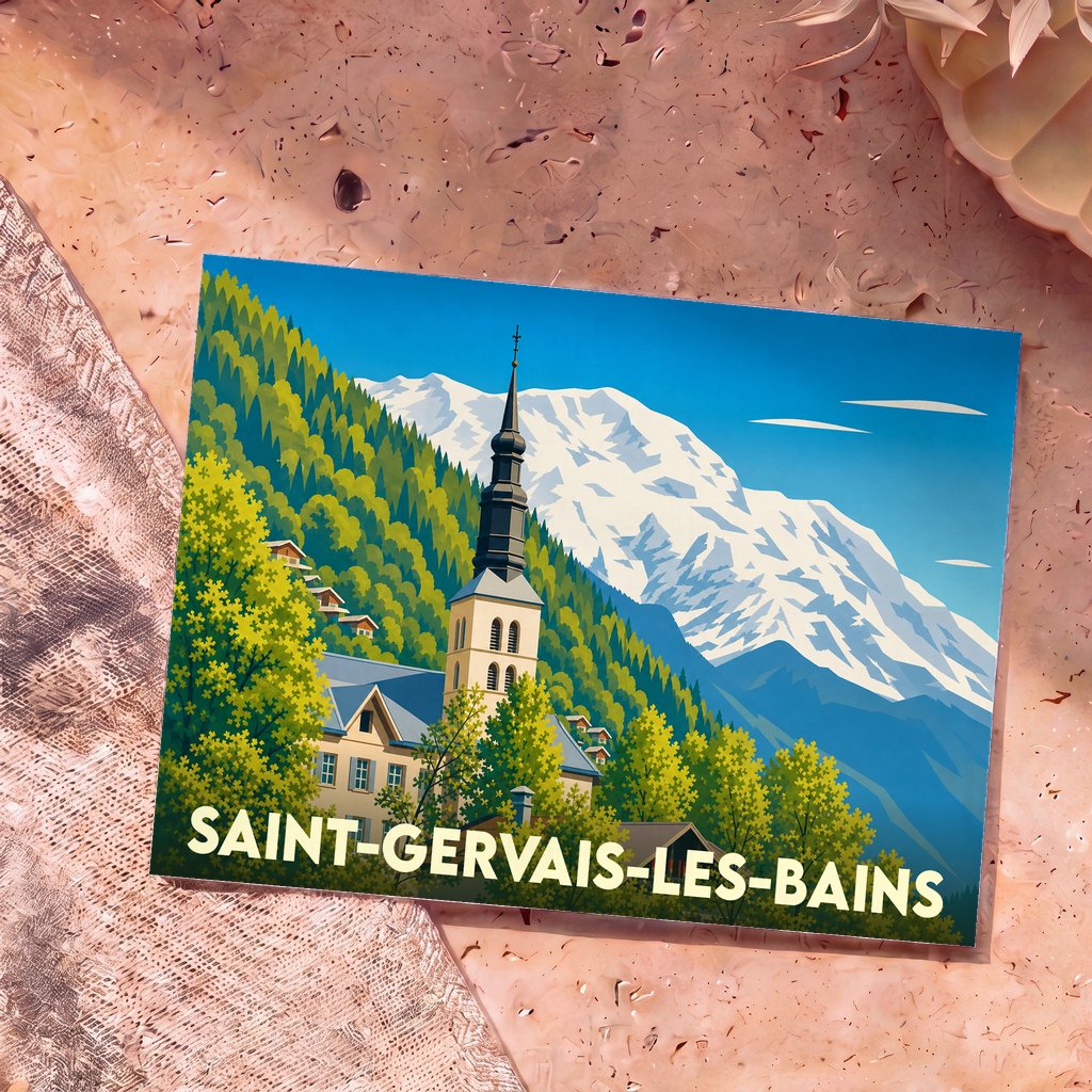 Carte postale souvenir de la ville de Saint-Gervais-les-Bains avec une illustration stylisée de son église face au Mont-Blanc.
