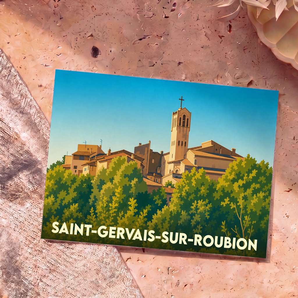 Carte postale souvenir de Saint-Gervais-sur-Roubion représentant une illustration stylisée du village et de son clocher.