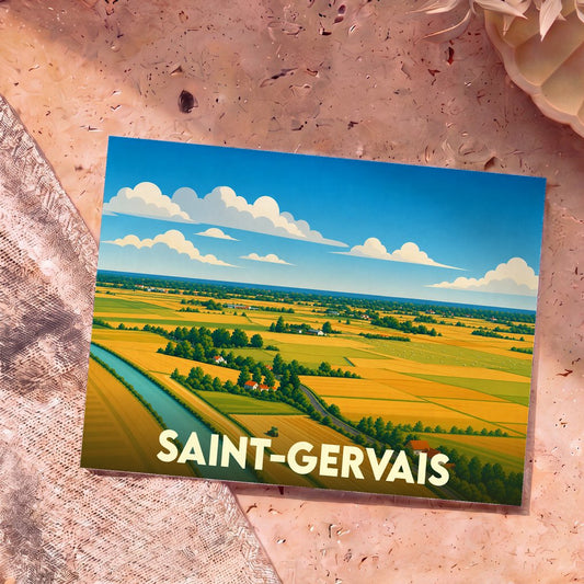 Carte postale souvenir de la ville de Saint-Gervais avec une illustration stylisée de paysages agricoles.