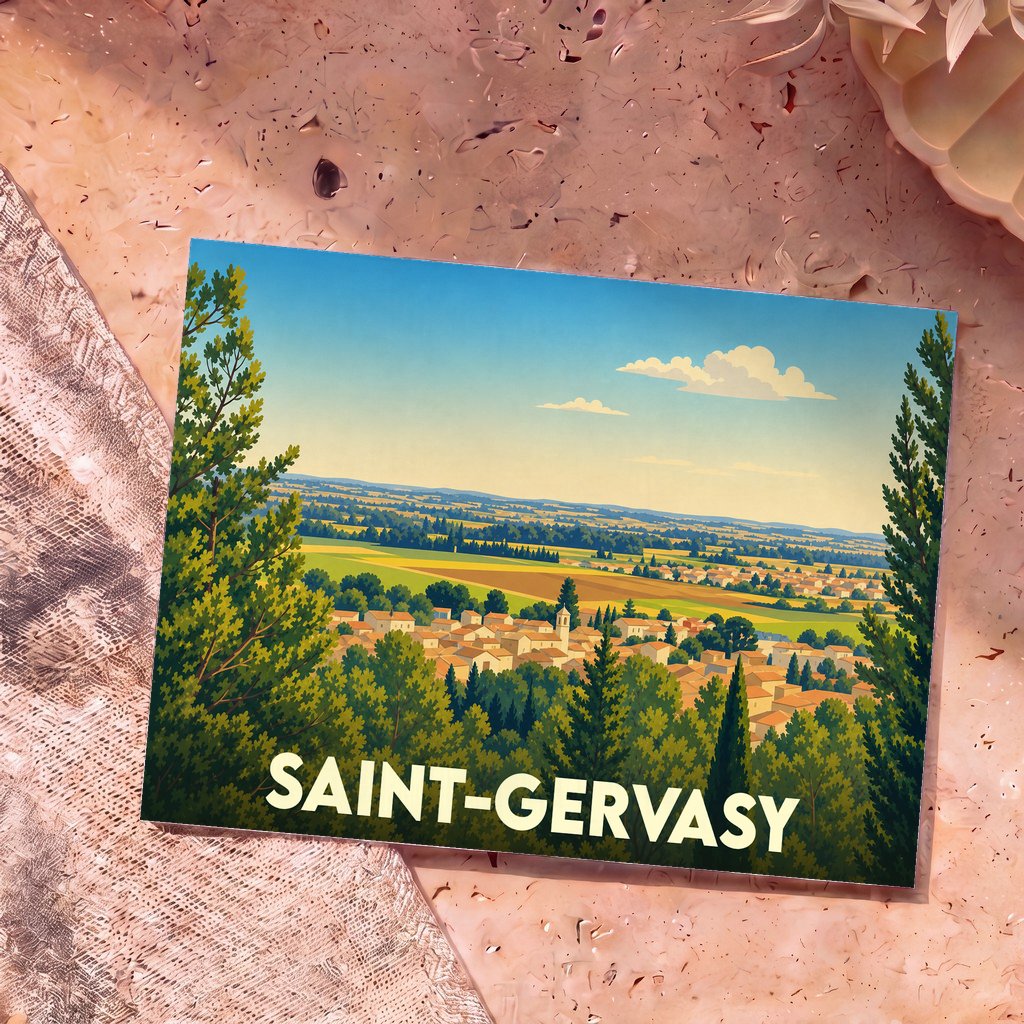 Carte postale souvenir de la ville de Saint-Gervasy avec une illustration paysagère stylisée.