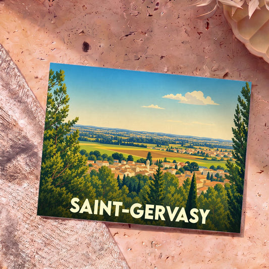 Carte postale souvenir de la ville de Saint-Gervasy avec une illustration paysagère stylisée.