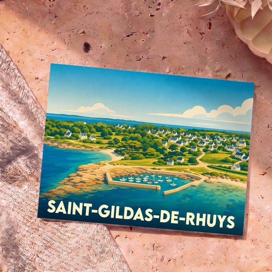 Carte postale souvenir de Saint-Gildas-de-Rhuys avec une illustration stylisée du port et du littoral.