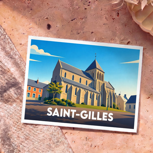 Carte postale souvenir de la ville de Saint-Gilles avec une illustration stylisée de son église.