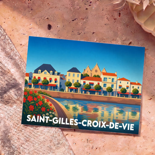 Carte postale souvenir de la ville de Saint-Gilles-Croix-de-Vie avec une illustration stylisée de son front de mer.