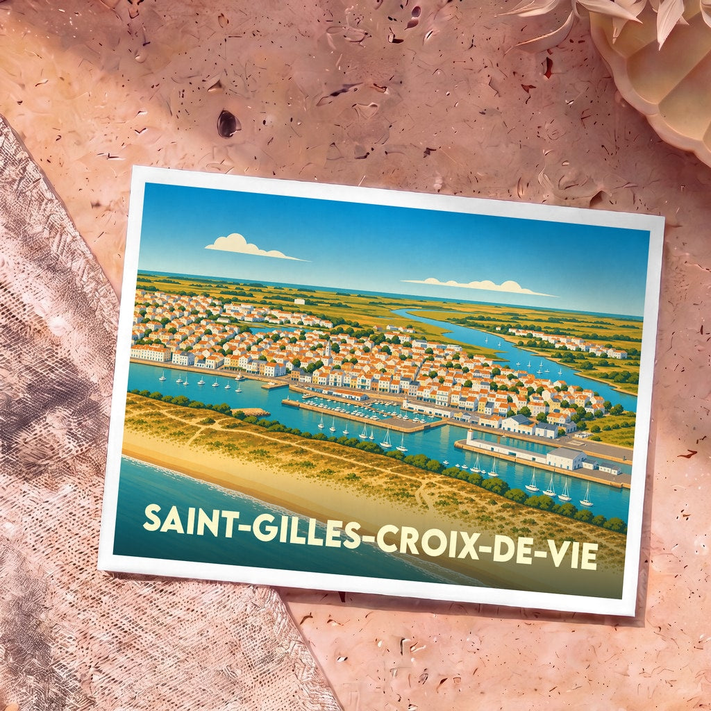 Carte postale souvenir de la ville de Saint-Gilles-Croix-de-Vie avec une illustration stylisée vue du ciel.