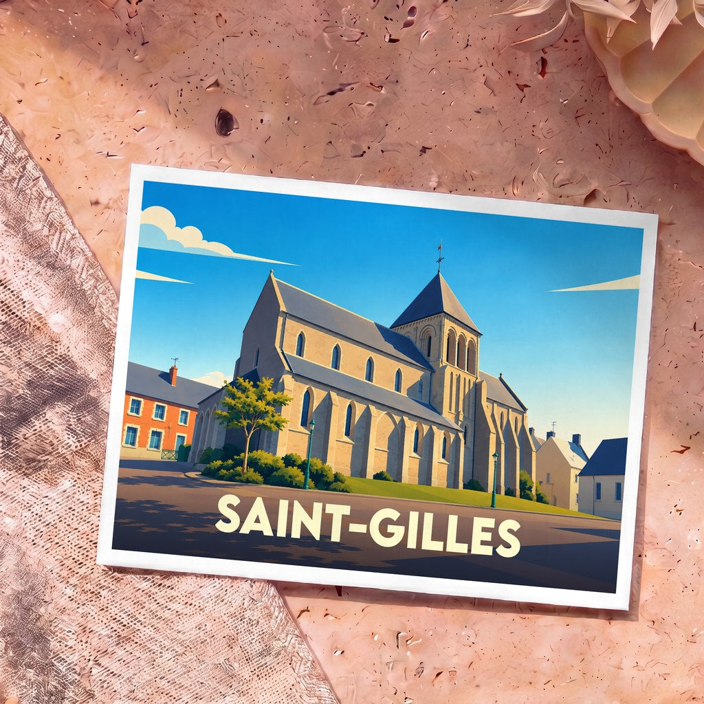 Carte postale souvenir de la ville de Saint-Gilles avec une illustration stylisée de son église.