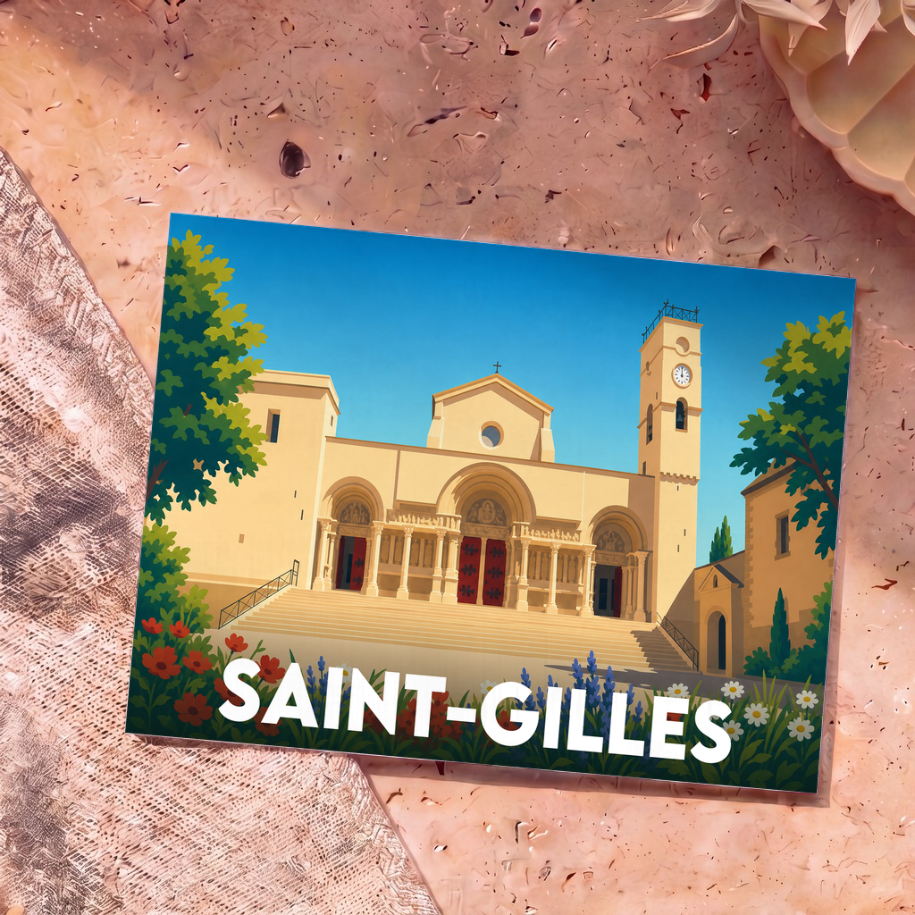Carte postale souvenir de la ville de Saint-Gilles avec une illustration stylisée de son abbaye.