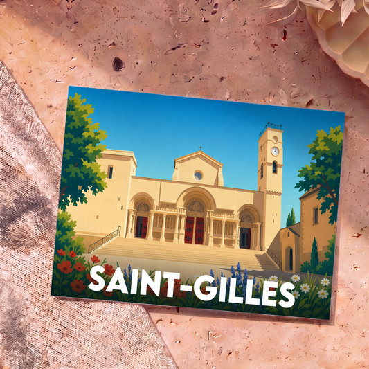 Carte postale souvenir de la ville de Saint-Gilles avec une illustration stylisée de son abbaye.
