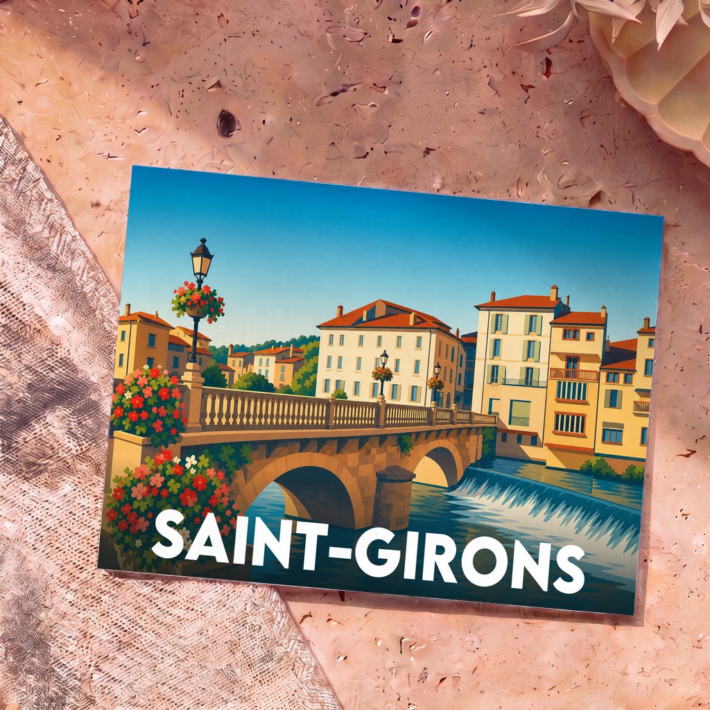 Carte postale souvenir de la ville de Saint-Girons avec une illustration stylisée d'un pont fleuri.