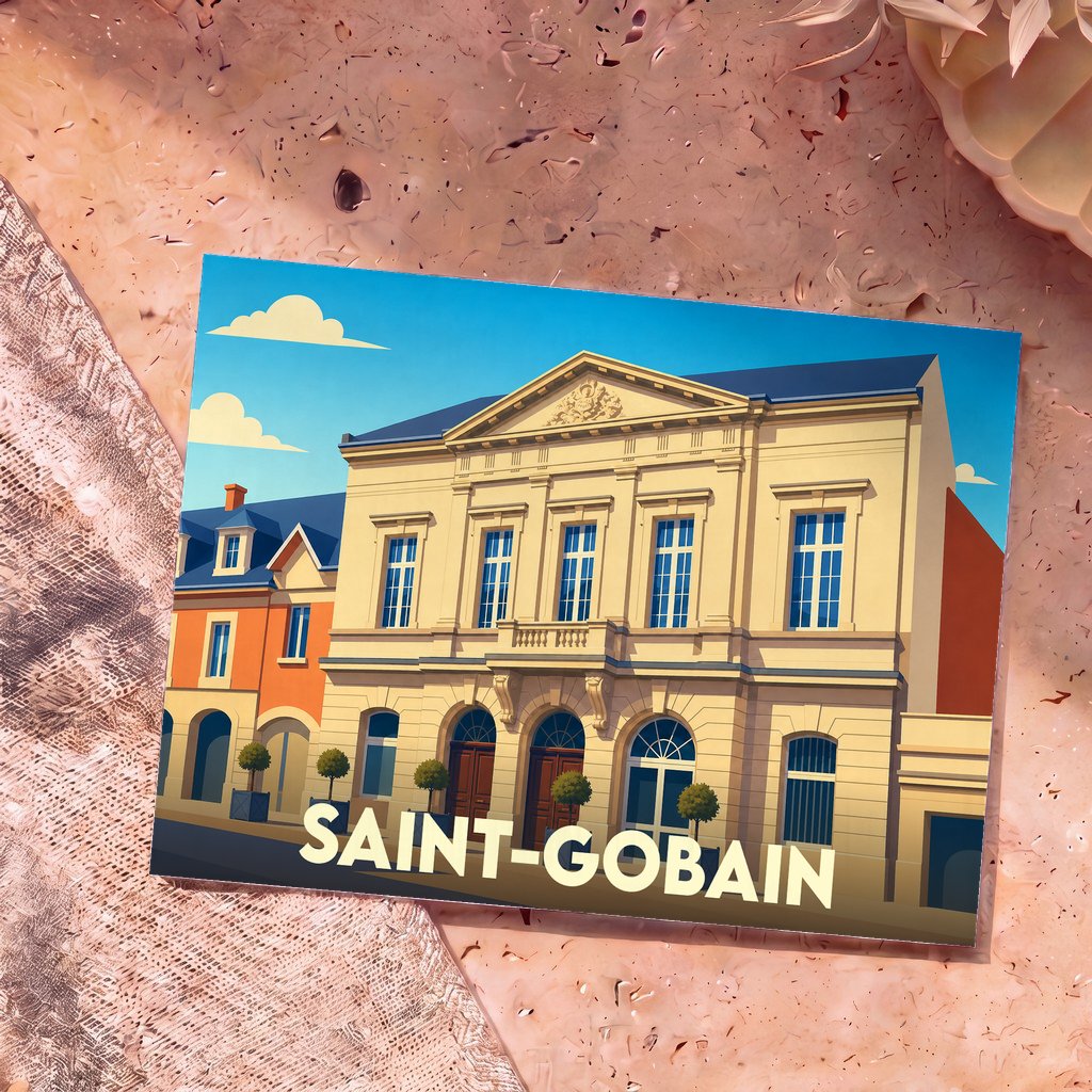 Carte postale souvenir de la ville de Saint-Gobain avec une illustration stylisée de son architecture.