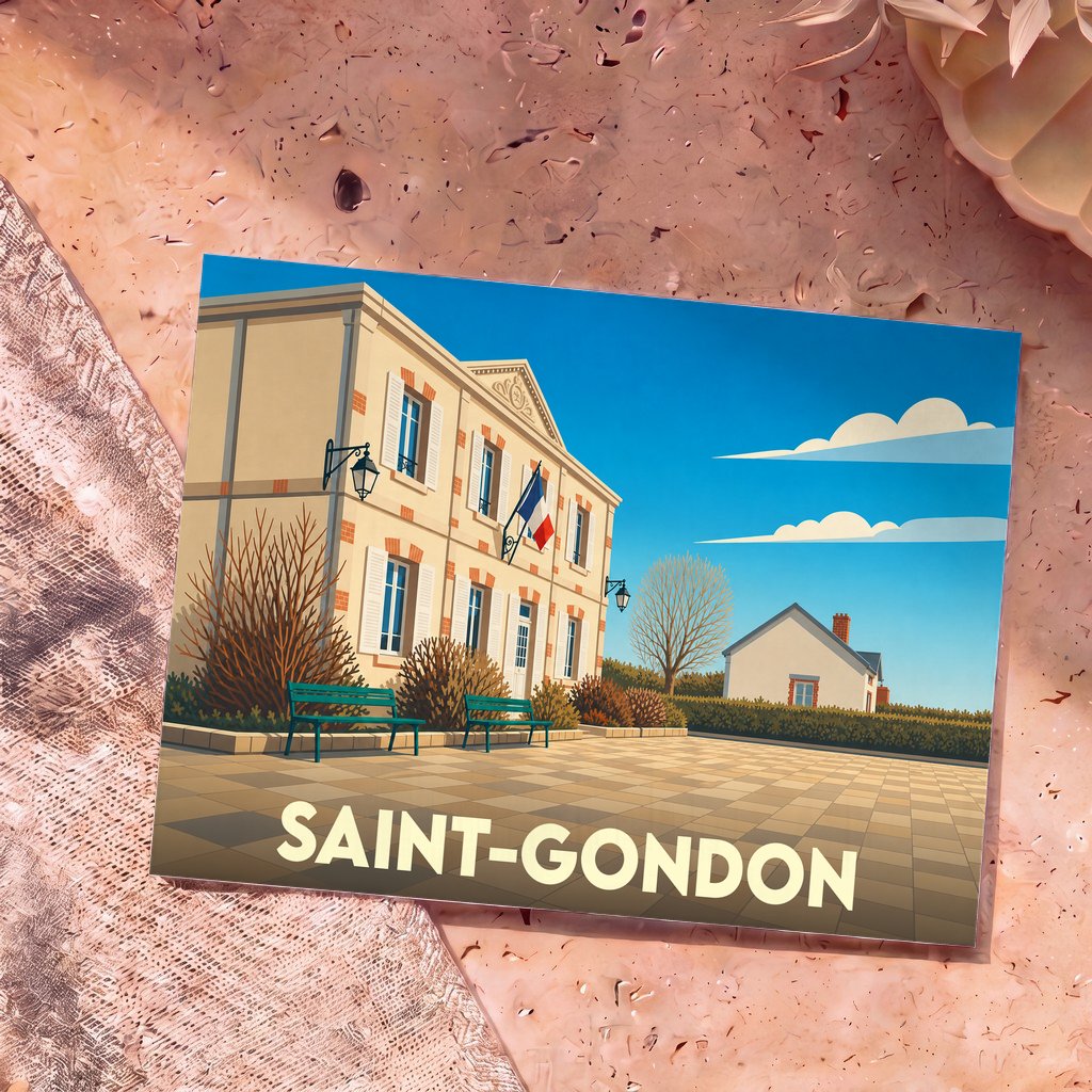 Carte postale souvenir de la ville de Saint-Gondon avec une illustration stylisée de sa mairie.