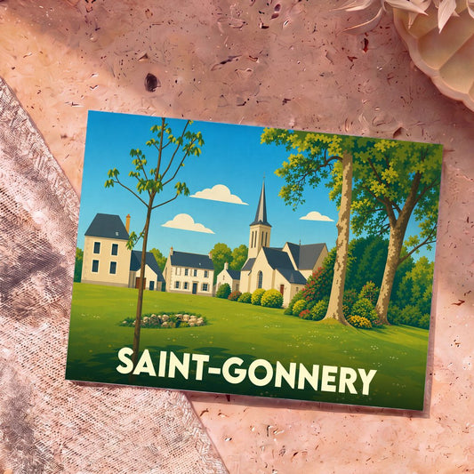 Carte postale souvenir de la ville de Saint-Gonnery illustrant un paysage de village champêtre avec son église.