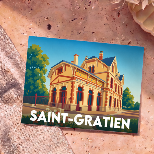 Carte postale souvenir de la ville de Saint-Gratien illustrant la gare historique dans un style graphique épuré.