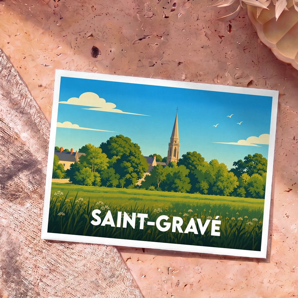 Carte postale souvenir de la ville de Saint-Gravé avec une illustration stylisée de son église entourée de verdure.