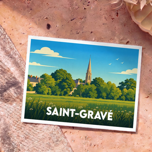 Carte postale souvenir de la ville de Saint-Gravé avec une illustration stylisée de son église entourée de verdure.