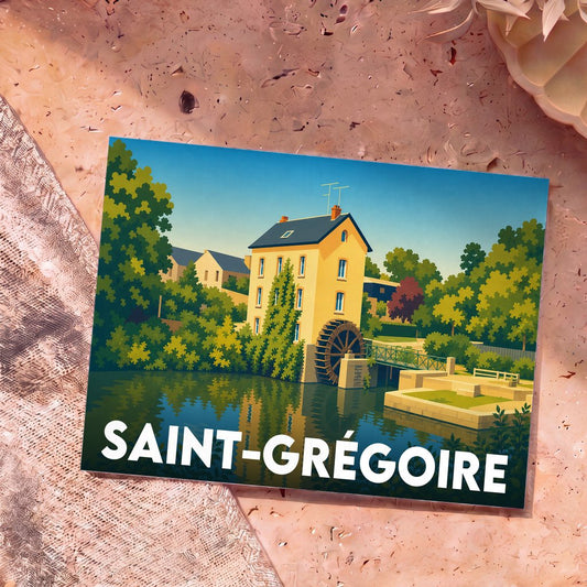 Carte postale souvenir de la ville de Saint-Grégoire avec une illustration stylisée d'un moulin à eau au bord d'une rivière.