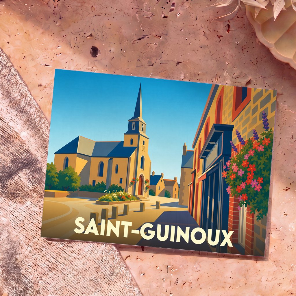 Carte postale souvenir de la ville de Saint-Guinoux avec une illustration stylisée et colorée du centre-bourg.