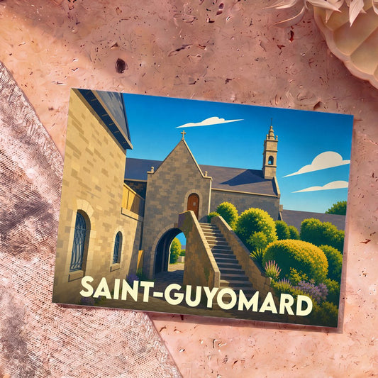Carte postale souvenir de la ville de Saint-Guyomard avec une illustration stylisée de son patrimoine architectural.