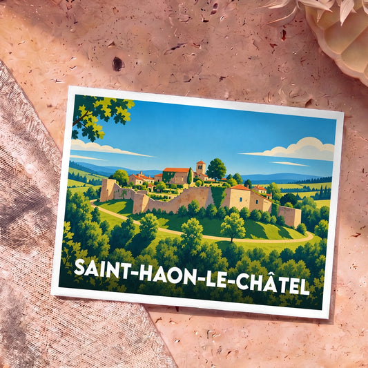 Carte postale souvenir de la ville de Saint-Haon-le-Châtel avec une illustration stylisée de ses remparts et du village.