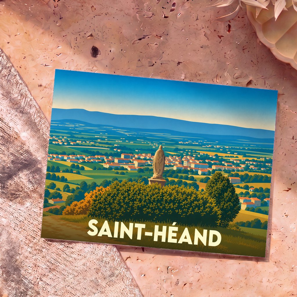 Carte postale souvenir de la ville de Saint-Héand illustrant une statue surplombant un paysage vallonné dans un style rétro.