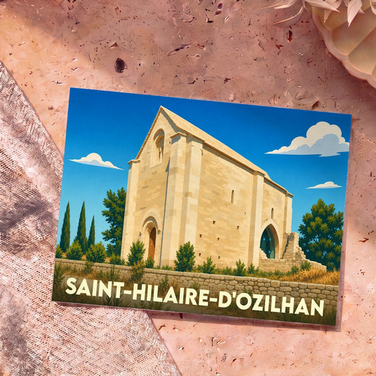 Carte postale souvenir de Saint-Hilaire-d'Ozilhan illustrant une chapelle romane dans un style graphique épuré.