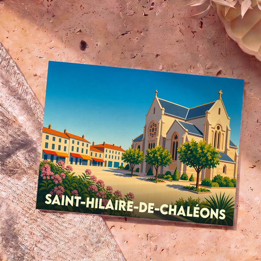 Carte postale souvenir de la ville de Saint-Hilaire-de-Chaléons illustrant son église et ses maisons dans un style graphique épuré.