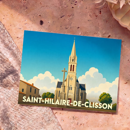 Carte postale souvenir de la ville de Saint-Hilaire-de-Clisson avec une illustration stylisée de son église.