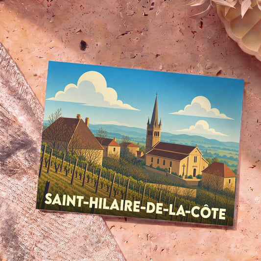 Carte postale souvenir de la ville de Saint-Hilaire-de-la-Côte avec une illustration stylisée de son église et de ses vignobles.
