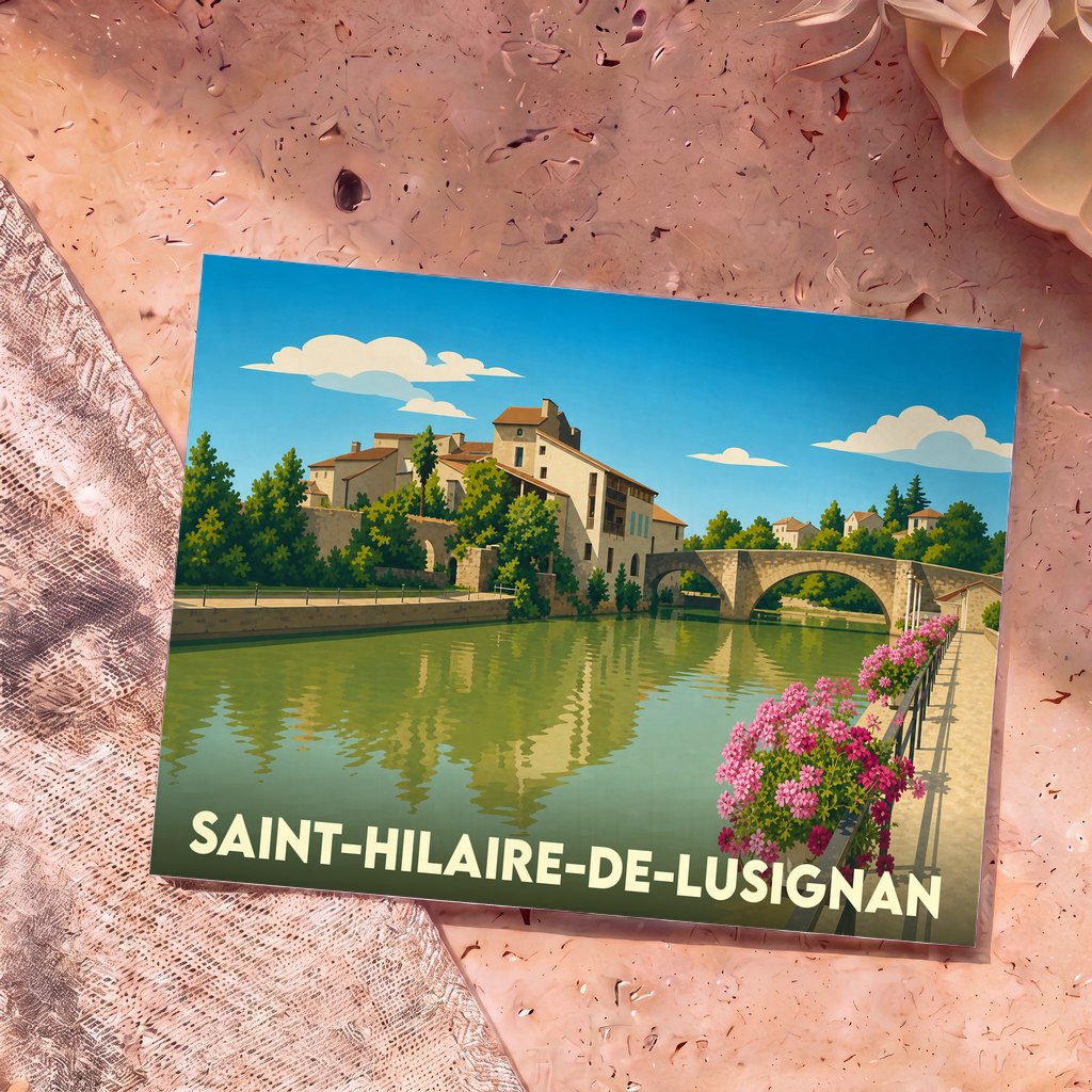 Carte postale souvenir de la ville de Saint-Hilaire-de-Lusignan avec une illustration stylisée d'un pont en pierre enjambant une rivière.