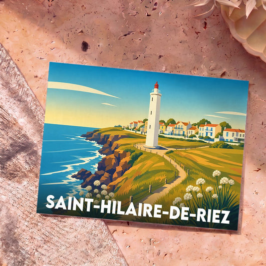 Carte postale souvenir de la ville de Saint-Hilaire-de-Riez avec une illustration stylisée de son littoral et de son phare.