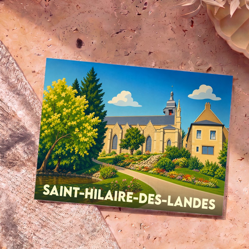 Carte postale souvenir de la ville de Saint-Hilaire-des-Landes avec une illustration colorée et stylisée de son église et de ses jardins.