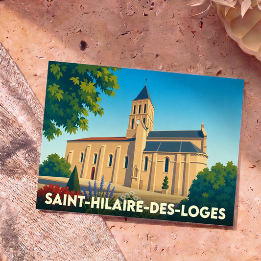Carte postale souvenir de la ville de Saint-Hilaire-des-Loges avec une illustration stylisée de son église.