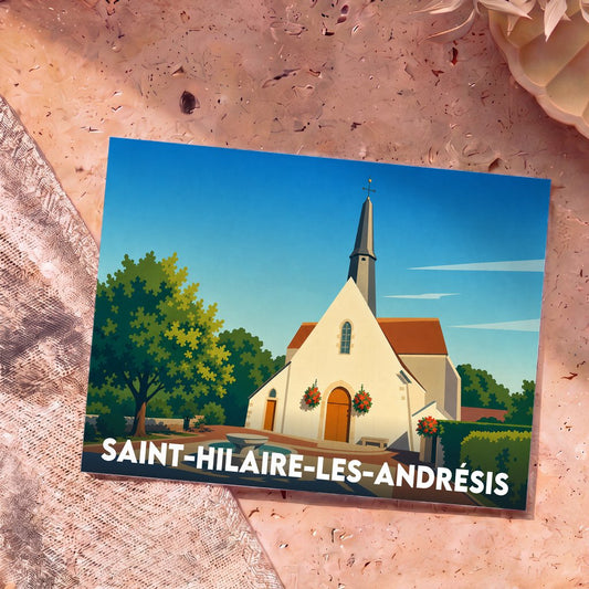 Carte postale souvenir de la ville de Saint-Hilaire-les-Andrésis avec une illustration stylisée de son église.