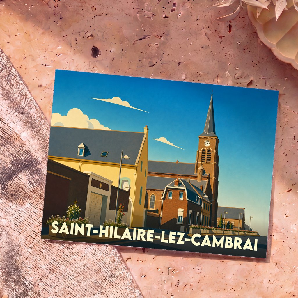 Carte postale souvenir de la ville de Saint-Hilaire-lez-Cambrai avec une illustration stylisée de son église et de ses bâtiments.