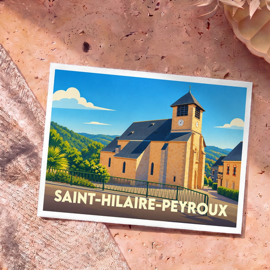 Carte postale souvenir de la ville de Saint-Hilaire-Peyroux avec une illustration stylisée de son église.