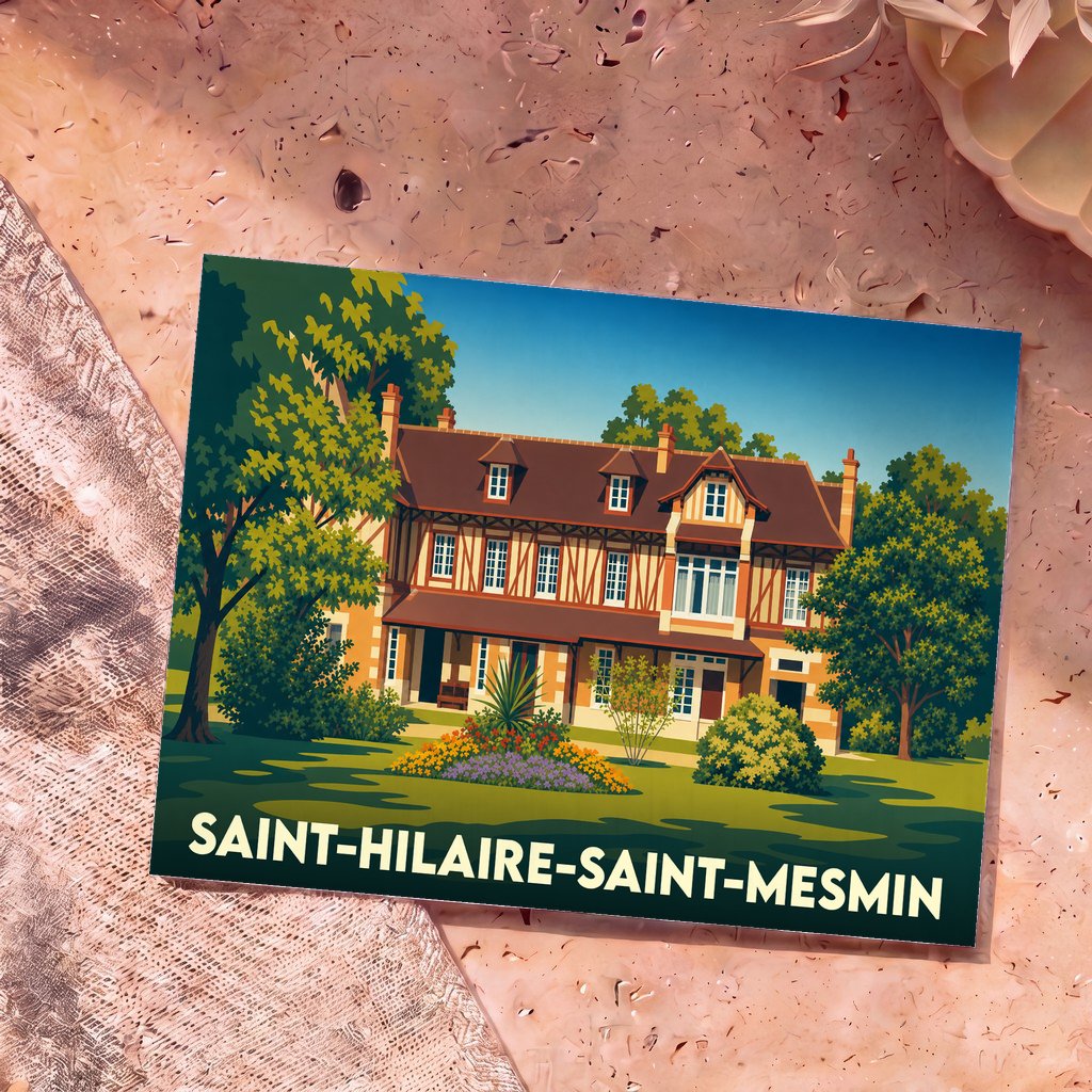 Carte postale souvenir de la ville de Saint-Hilaire-Saint-Mesmin avec une illustration stylisée d'une grande demeure traditionnelle.