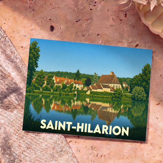 Carte postale souvenir de la ville de Saint-Hilarion avec une illustration stylisée des bords de l'Eure.