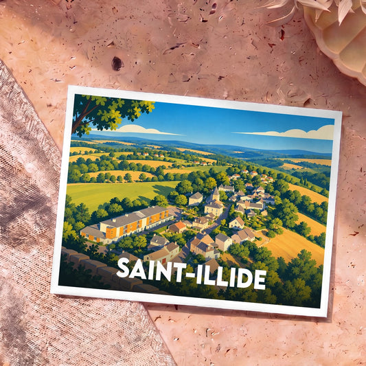 Carte postale souvenir de la ville de Saint-Illide avec une illustration stylisée d'un village niché dans une vallée verdoyante.