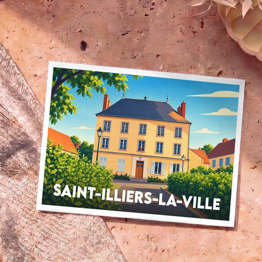 Carte postale souvenir de la ville de Saint-Illiers-la-Ville avec une illustration colorée de la mairie.