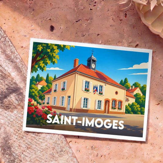 Carte postale souvenir de la ville de Saint-Imoges avec une illustration colorée de sa mairie.