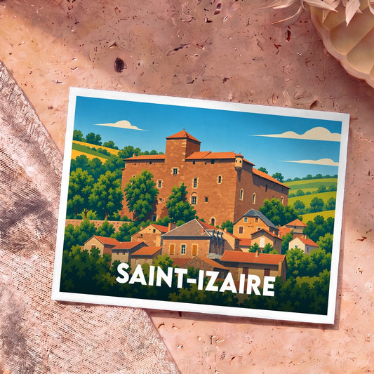 Carte postale souvenir de la ville de Saint-Izaire avec une illustration stylisée de son château et de ses maisons.
