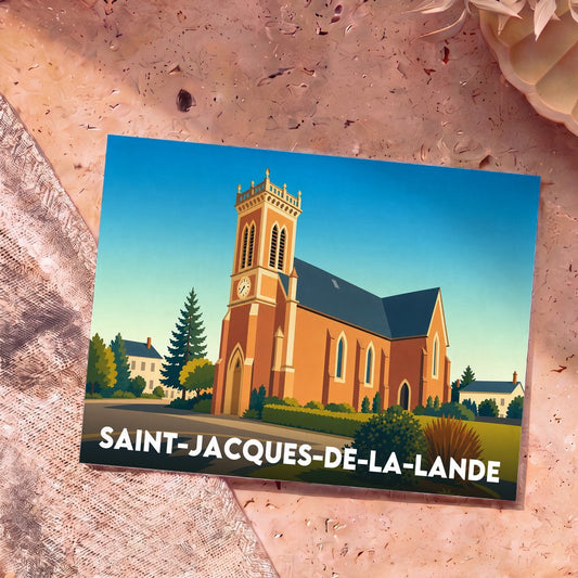 Carte postale souvenir de la ville de Saint-Jacques-de-la-Lande avec une illustration stylisée de son église.
