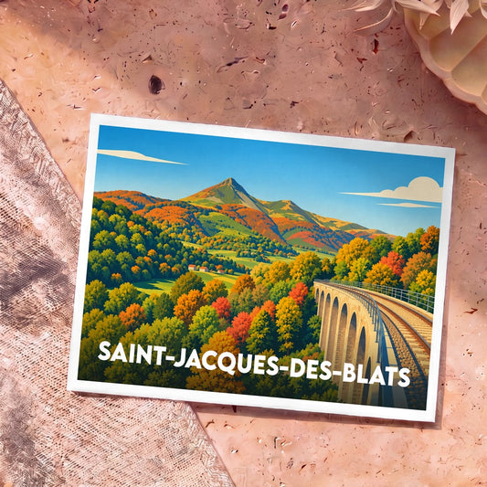 Carte postale souvenir de Saint-Jacques-des-Blats illustrant un paysage montagneux automnal avec un viaduc ferroviaire.