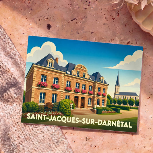 Carte postale souvenir de la ville de Saint-Jacques-sur-Darnétal avec une illustration stylisée de sa mairie et de son église.
