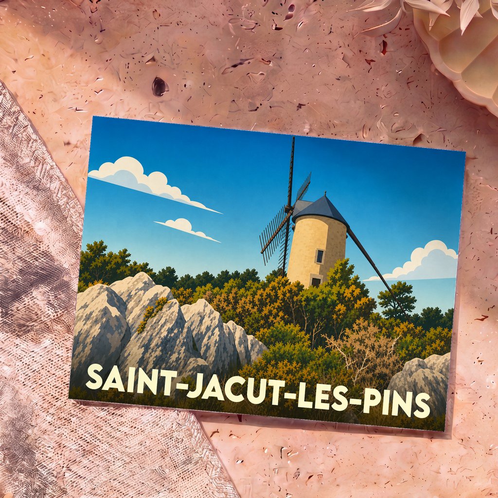 Carte postale souvenir de la ville de Saint-Jacut-les-Pins illustrant un moulin à vent dominant un paysage rocheux et boisé.