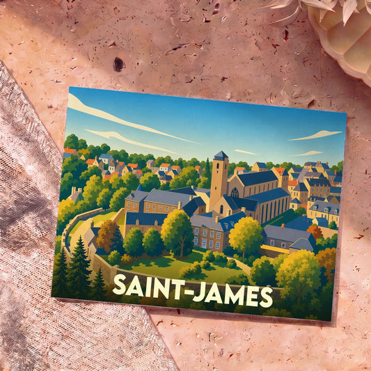 Carte postale souvenir de la ville de Saint-James avec une illustration stylisée d'un village médiéval.