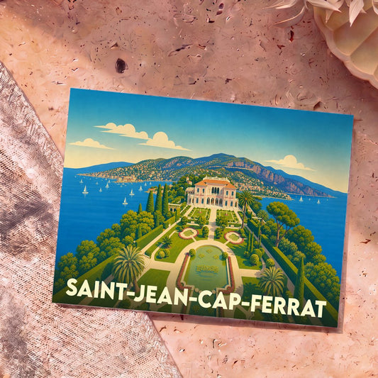 Carte postale souvenir de la ville de Saint-Jean-Cap-Ferrat avec une illustration stylisée de la villa Ephrussi de Rothschild et de ses jardins.