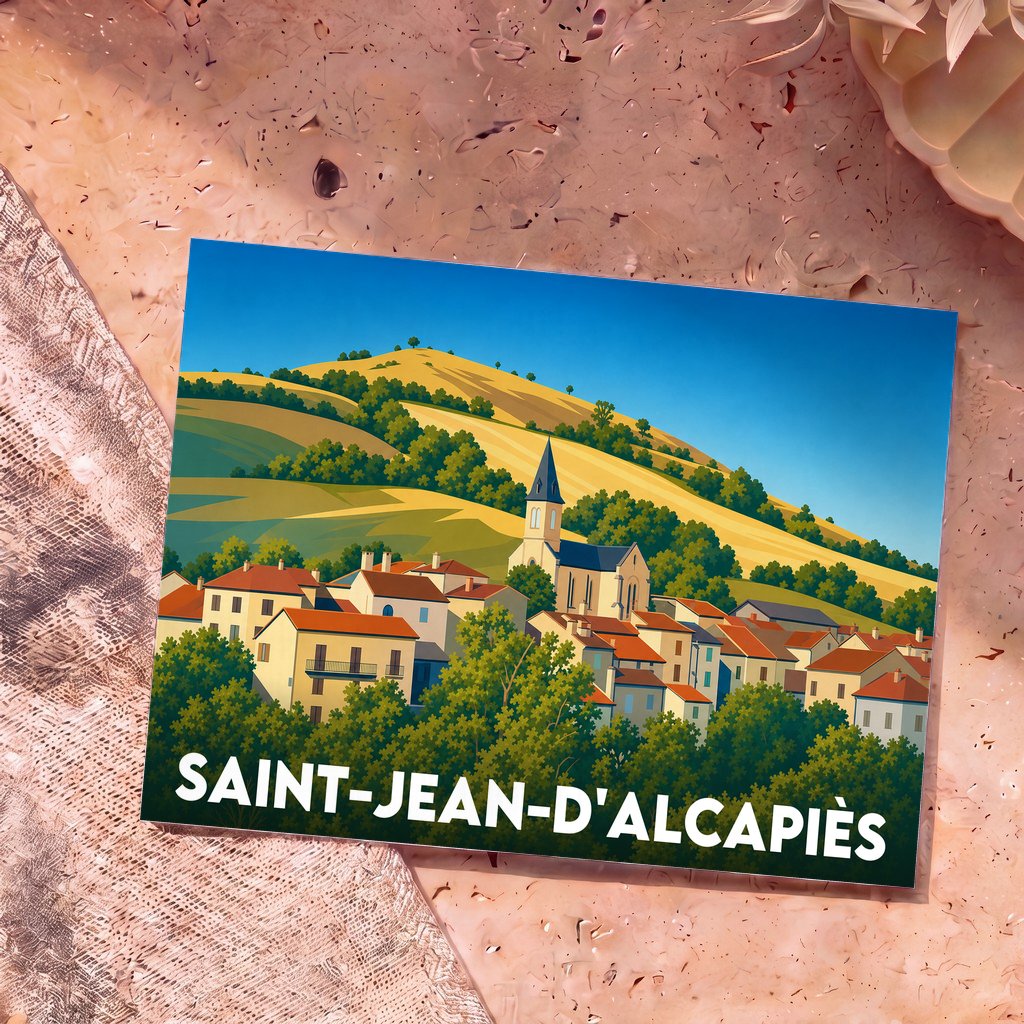 Carte postale souvenir de Saint-Jean-d'Alcapiès avec une illustration stylisée du village et de son église.